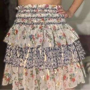 Current Air Floral Ruffle Tiered Metallic Smocked Mini Skirt Size XS